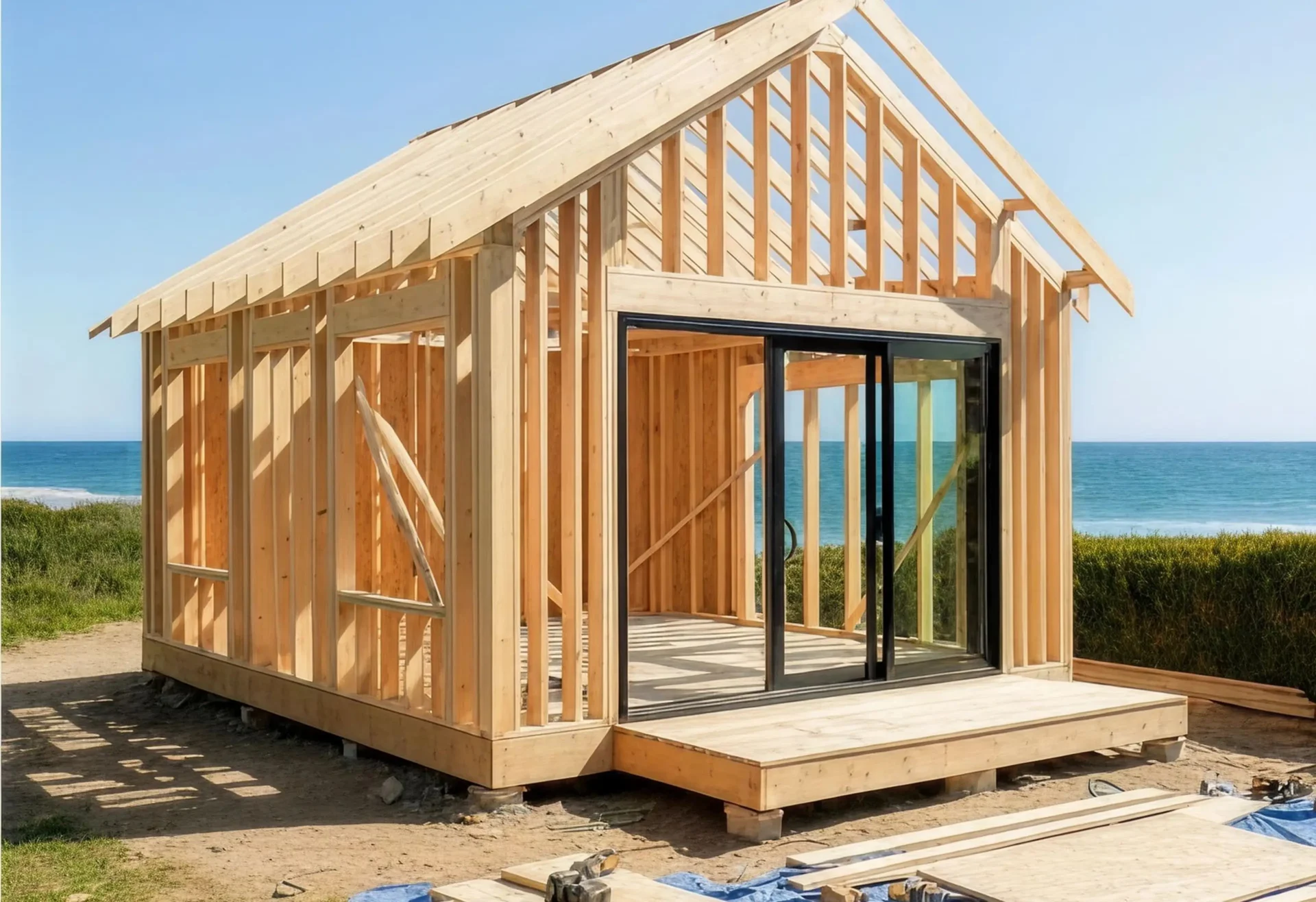 Wooden house frame by the sea